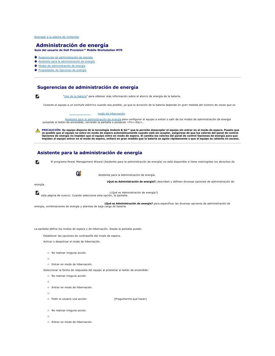 Administración de energía, Sugerencias de administración de energía, Asistente para la administración de energía | Establecimiento de los modos de espera | Dell Precision M70 User Manual | Page 73 / 122