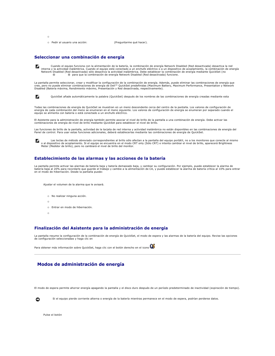 Modos de administración de energía, Ponga el equipo en, Modo de espera | O en, Seleccionar una combinación de energía | Dell Precision M70 User Manual | Page 74 / 122