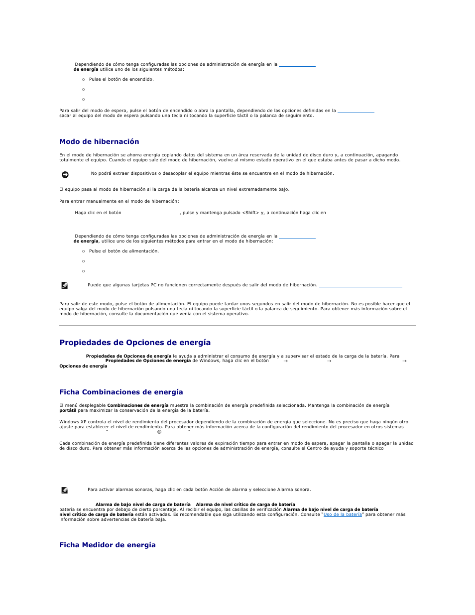 Propiedades de opciones de energía, Modo de hibernación, Ficha combinaciones de energía | Ficha alarmas, Ficha medidor de energía | Dell Precision M70 User Manual | Page 75 / 122