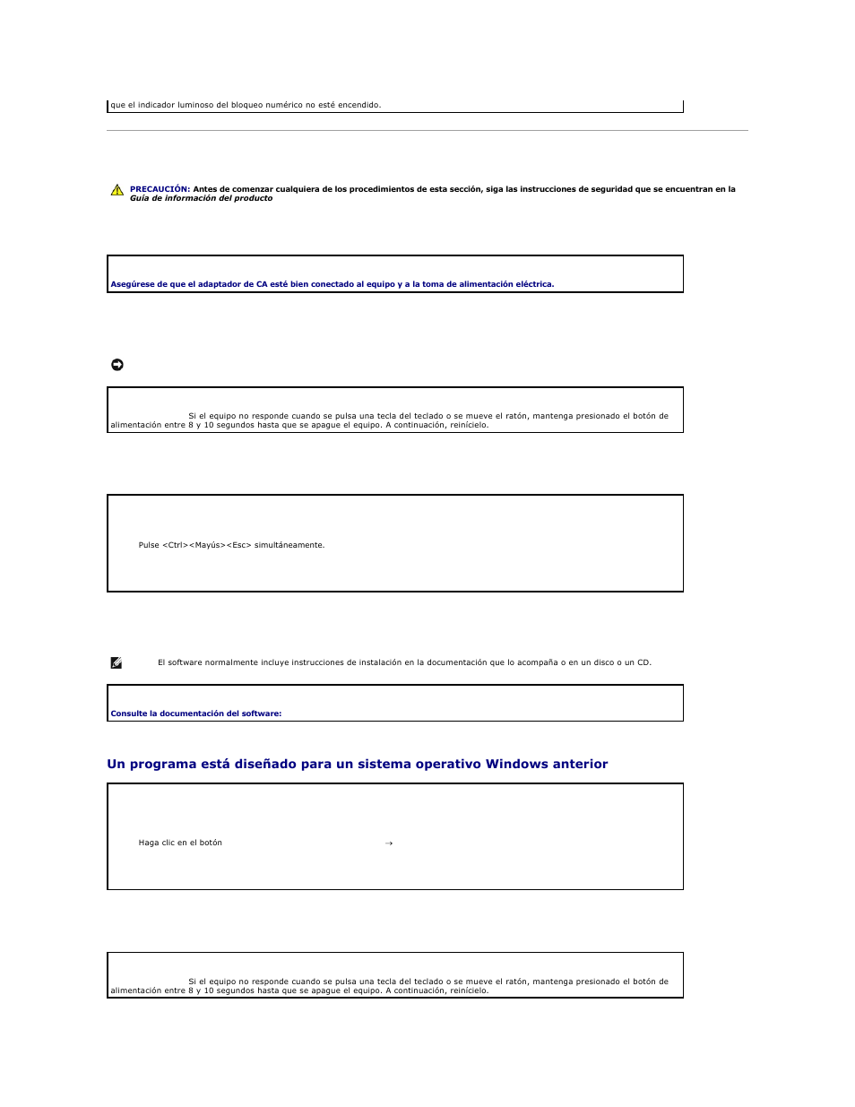 Bloqueos y problemas de software, El equipo no se enciende, El equipo no responde | Un programa no responde, Un programa se bloquea repetidamente, Aparece una pantalla azul | Dell Precision M70 User Manual | Page 83 / 122