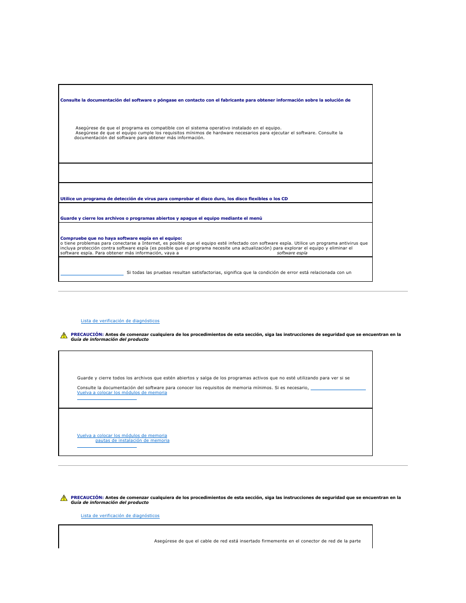 Problemas con la memoria, Problemas con la red, Otros problemas de software | Dell Precision M70 User Manual | Page 84 / 122