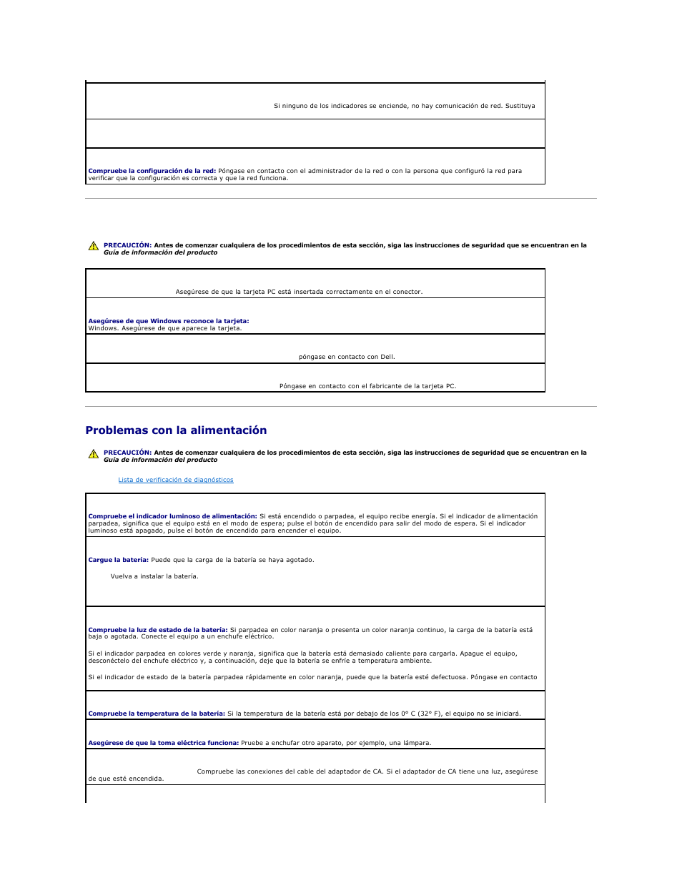 Problemas con la tarjeta pc, Problemas con la alimentación | Dell Precision M70 User Manual | Page 85 / 122