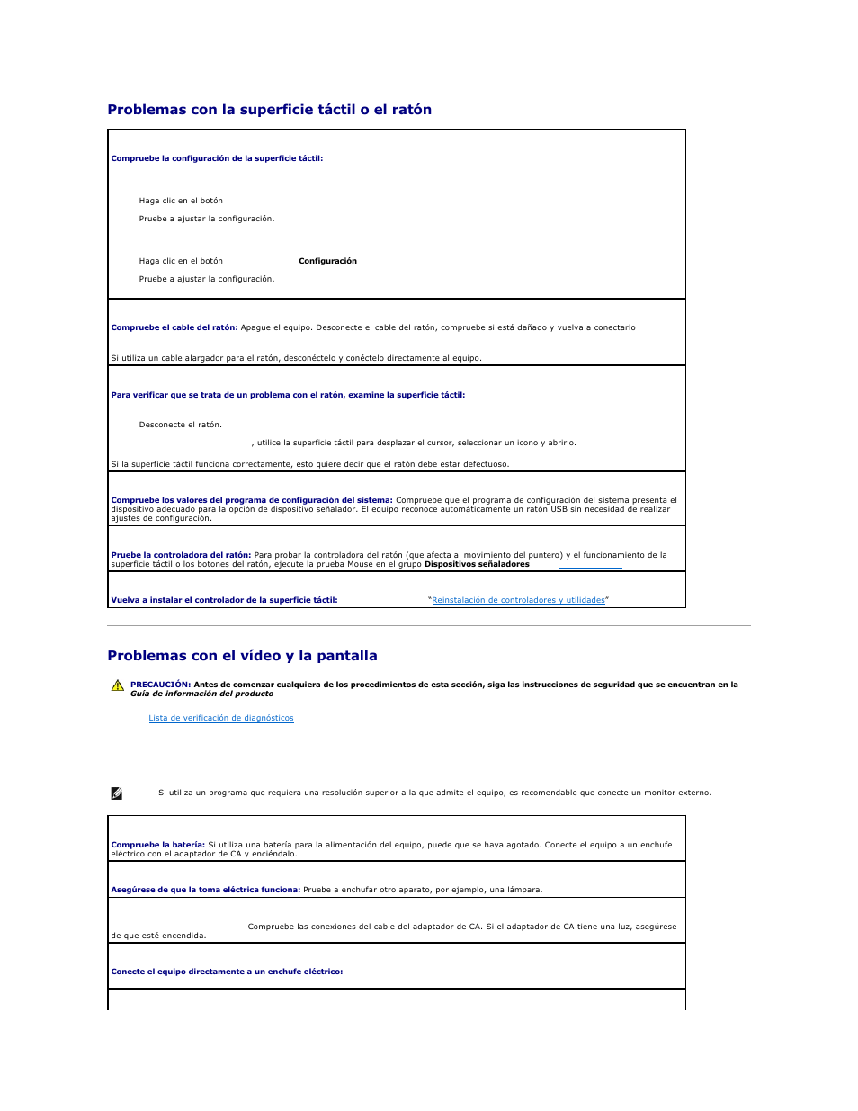 Problemas con la superficie táctil o el ratón, Problemas con el vídeo y la pantalla, Si la pantalla aparece en blanco | Dell Precision M70 User Manual | Page 89 / 122