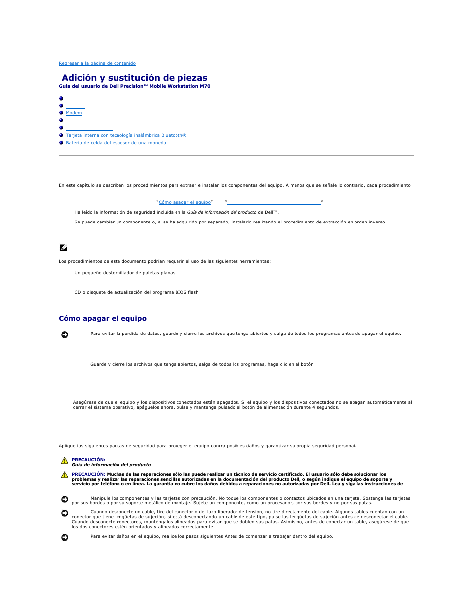 Adición y sustitución de piezas, Antes de empezar, Herramientas recomendadas | Cómo apagar el equipo, Antes de trabajar en el interior del equipo | Dell Precision M70 User Manual | Page 92 / 122