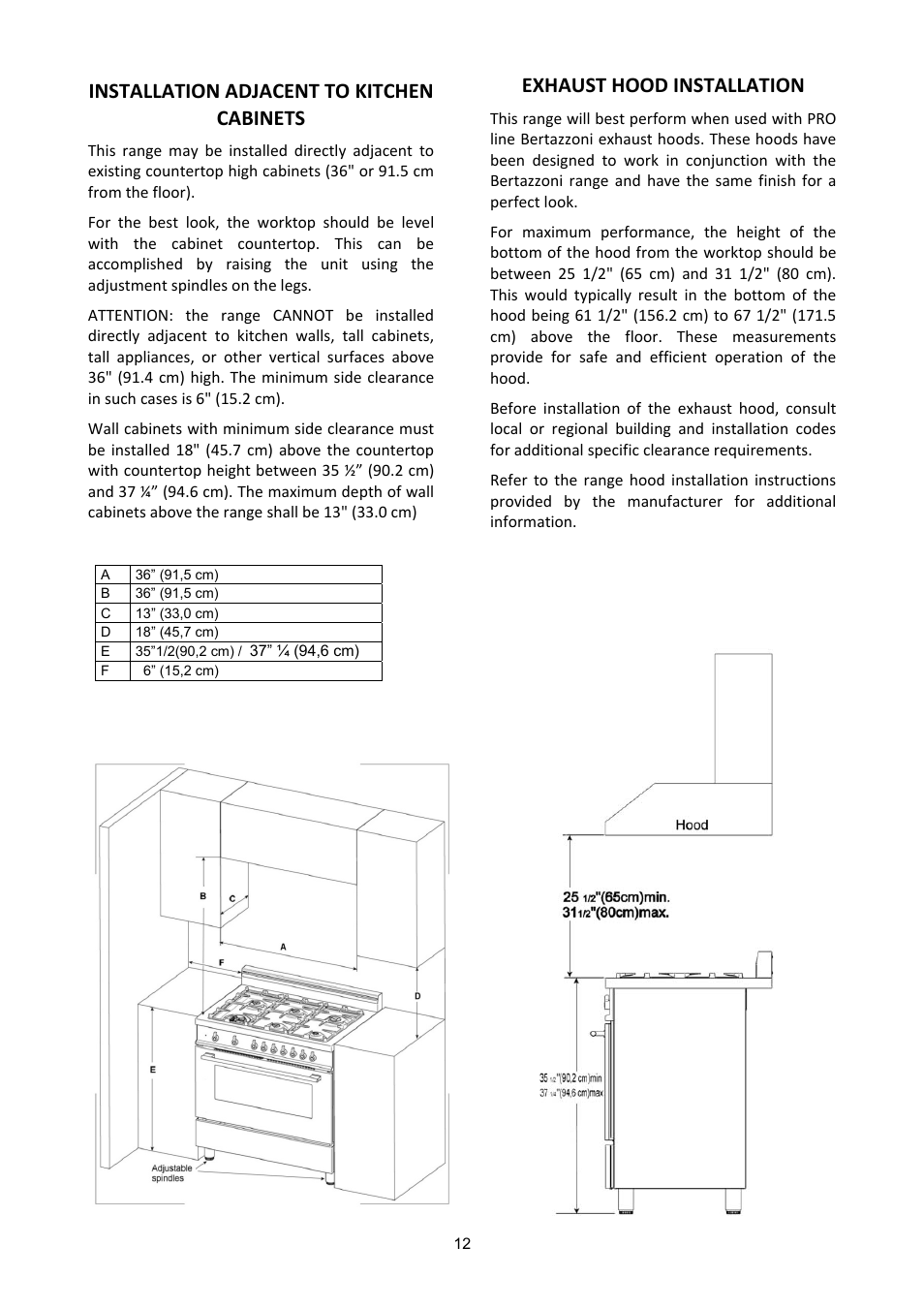 Installation adjacent to kitchen cabinets, Exhaust hood installation | Bertazzoni X365PIRX User Manual | Page 12 / 50