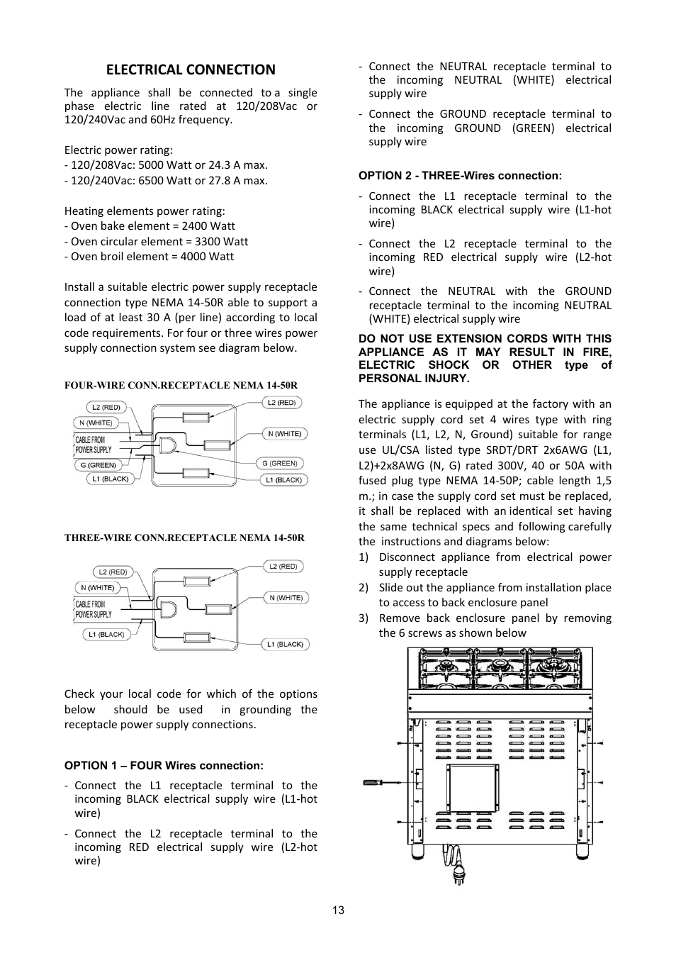 Electrical connection | Bertazzoni X365PIRX User Manual | Page 13 / 50