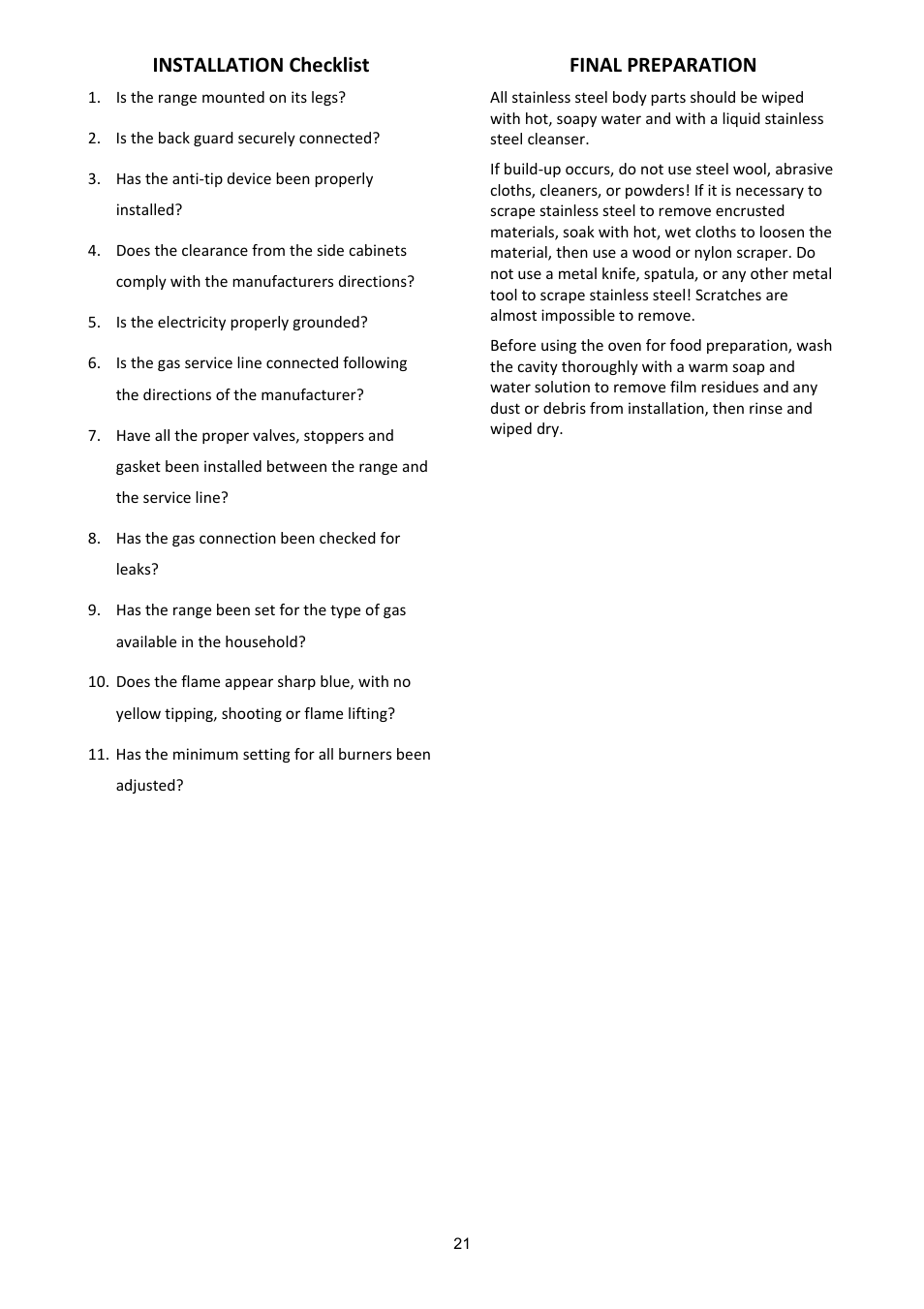 Installation checklist, Final preparation | Bertazzoni X365PIRX User Manual | Page 21 / 50