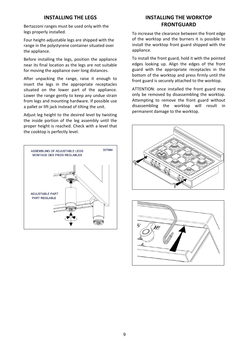 Installing the legs, Installing the worktop frontguard | Bertazzoni X365PIRX User Manual | Page 9 / 50