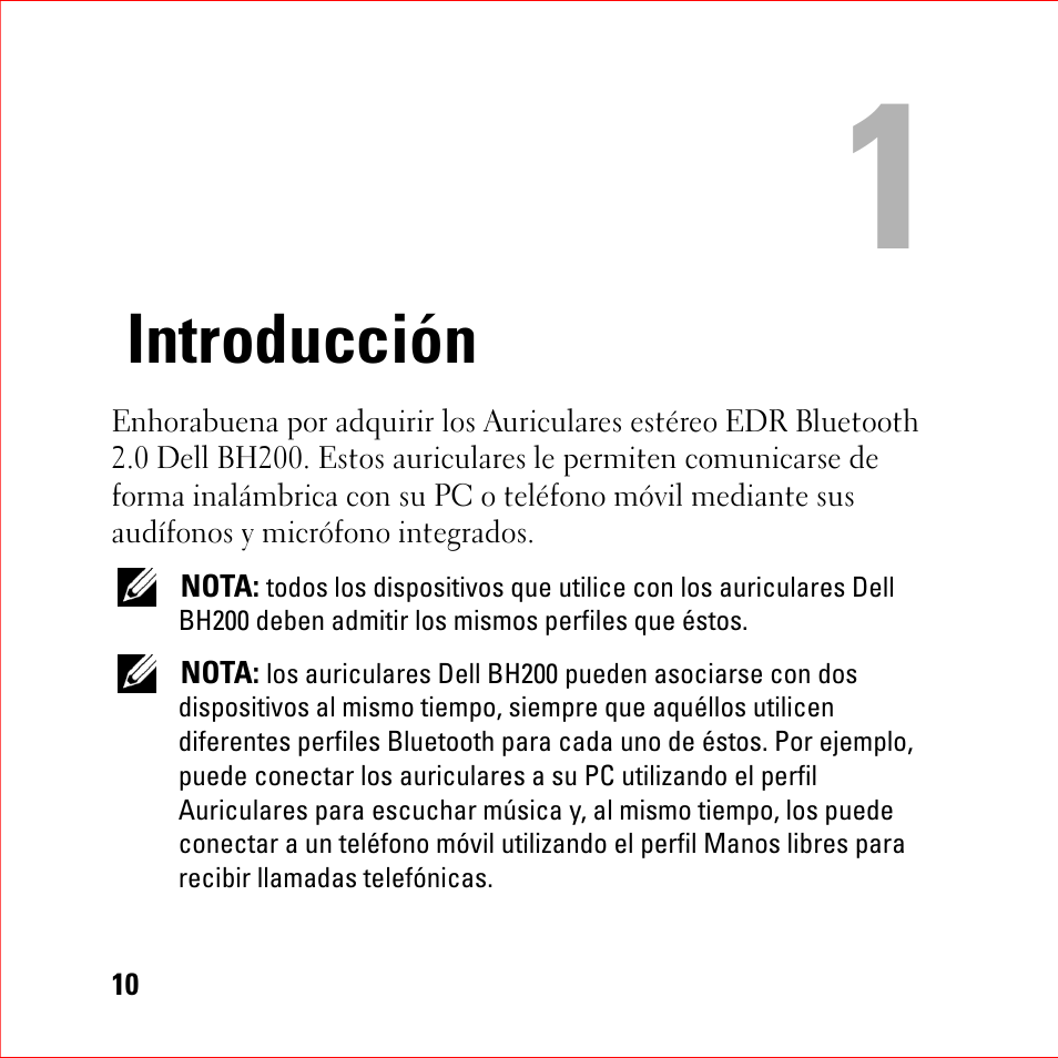 Introducción, 1 introducción | Dell BH200 Bluetooth 2.0 EDR Stereo Headset User Manual | Page 10 / 94