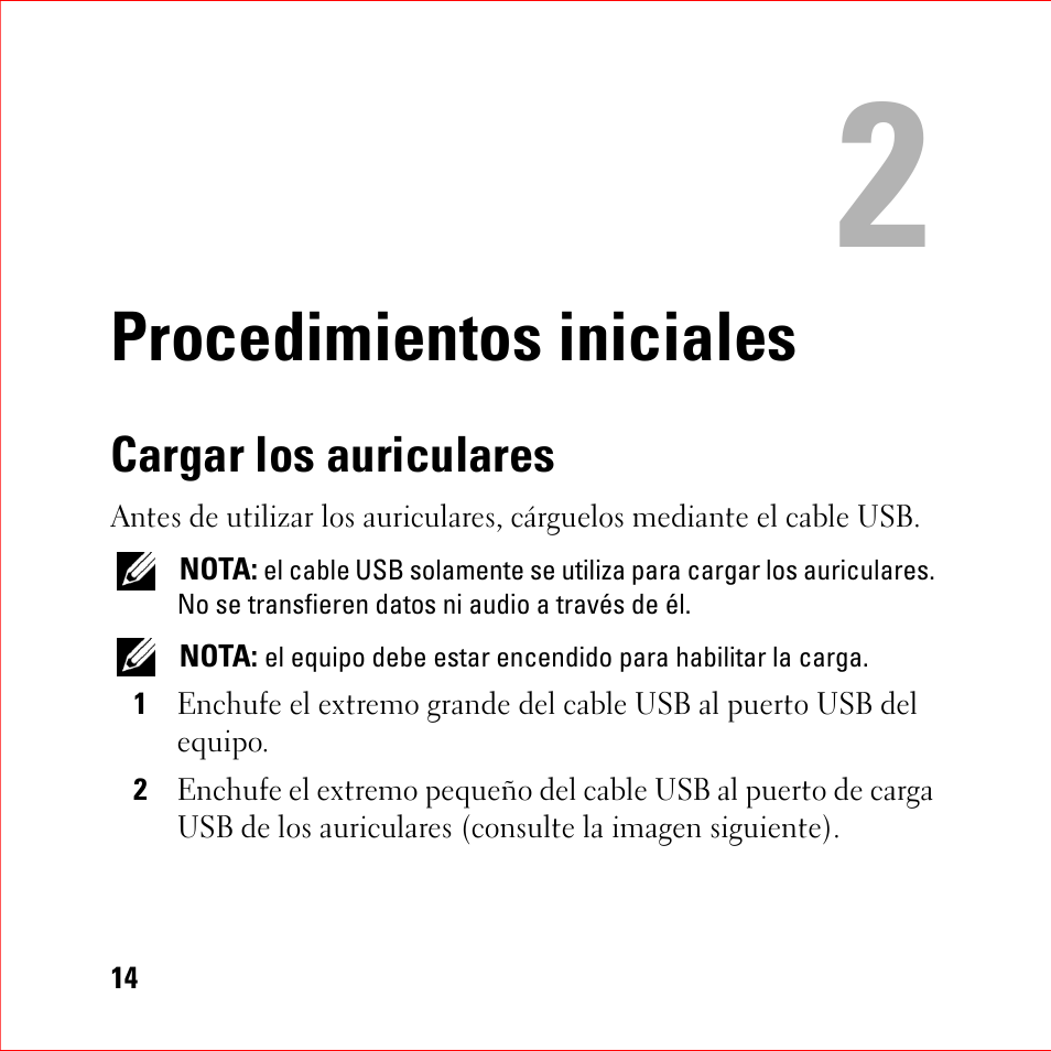 Procedimientos iniciales, Cargar los auriculares, 2 procedimientos iniciales | Dell BH200 Bluetooth 2.0 EDR Stereo Headset User Manual | Page 14 / 94