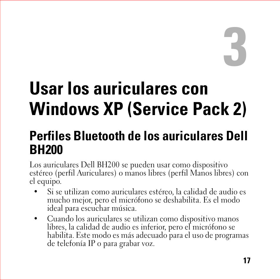 Perfiles bluetooth de los auriculares dell bh200, 3 usar los auriculares con windows xp, Service pack 2) | Dell BH200 Bluetooth 2.0 EDR Stereo Headset User Manual | Page 17 / 94