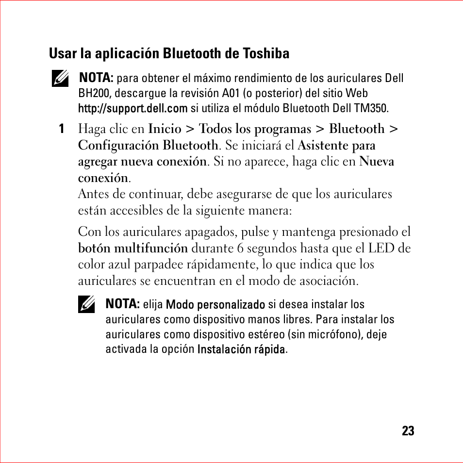Usar la aplicación bluetooth de toshiba | Dell BH200 Bluetooth 2.0 EDR Stereo Headset User Manual | Page 23 / 94
