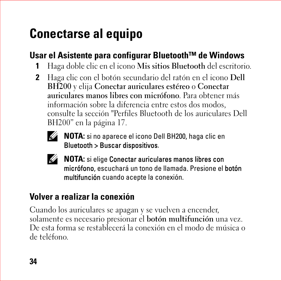 Conectarse al equipo, Volver a realizar la conexión, Usar el asistente para configurar bluetooth™ de | Windows | Dell BH200 Bluetooth 2.0 EDR Stereo Headset User Manual | Page 34 / 94