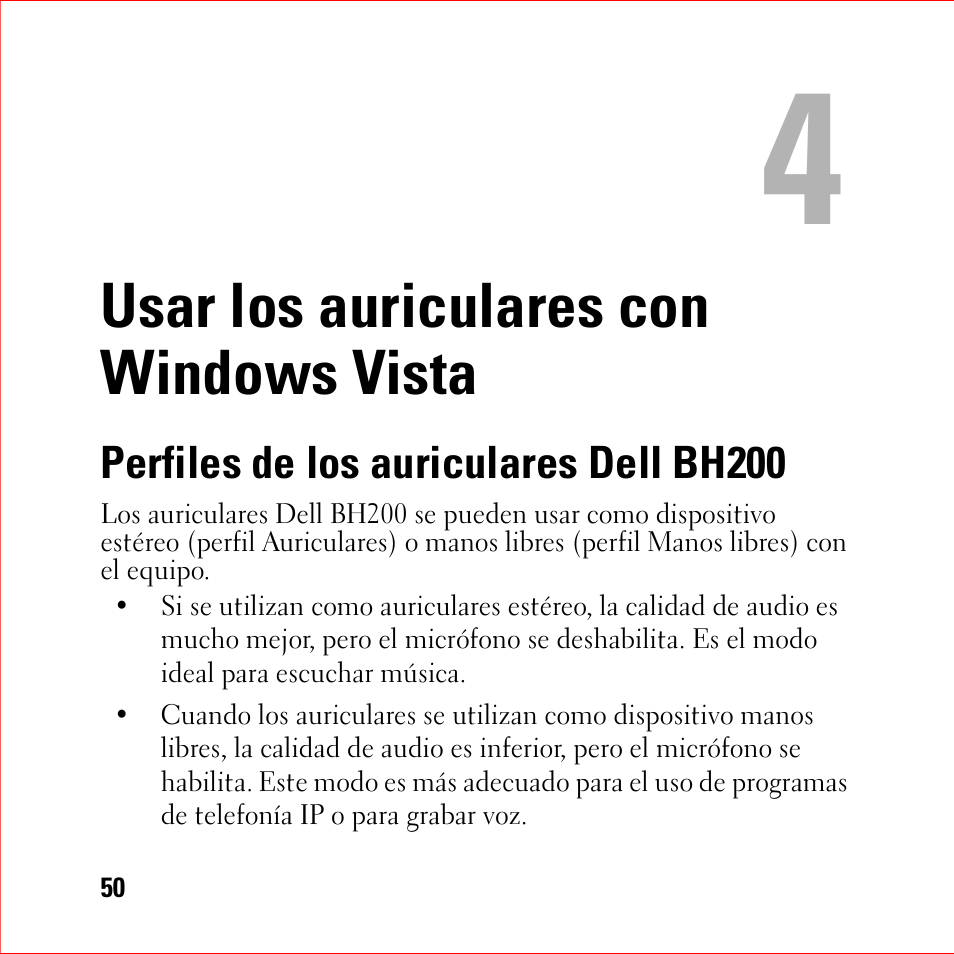 Usar los auriculares con windows vista, Perfiles de los auriculares dell bh200, 4 usar los auriculares con windows vista | Dell BH200 Bluetooth 2.0 EDR Stereo Headset User Manual | Page 50 / 94