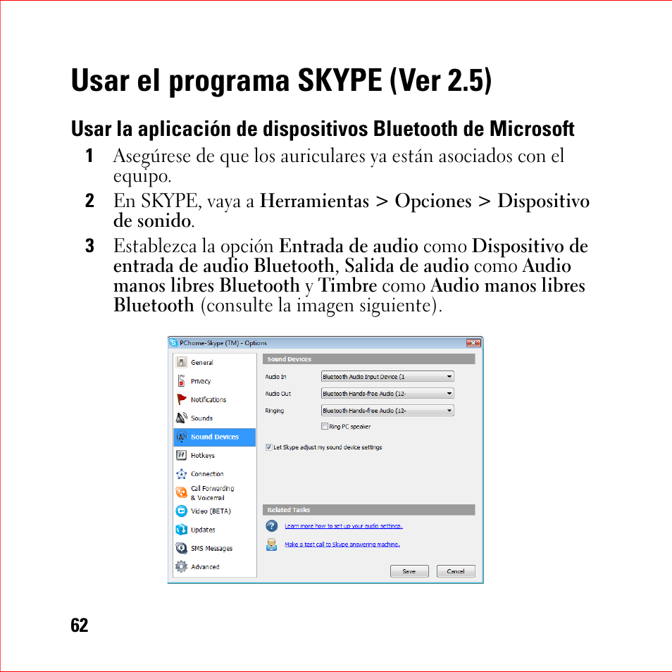 Usar el programa skype (ver 2.5), Usar la aplicación de dispositivos bluetooth de, Microsoft | Dell BH200 Bluetooth 2.0 EDR Stereo Headset User Manual | Page 62 / 94