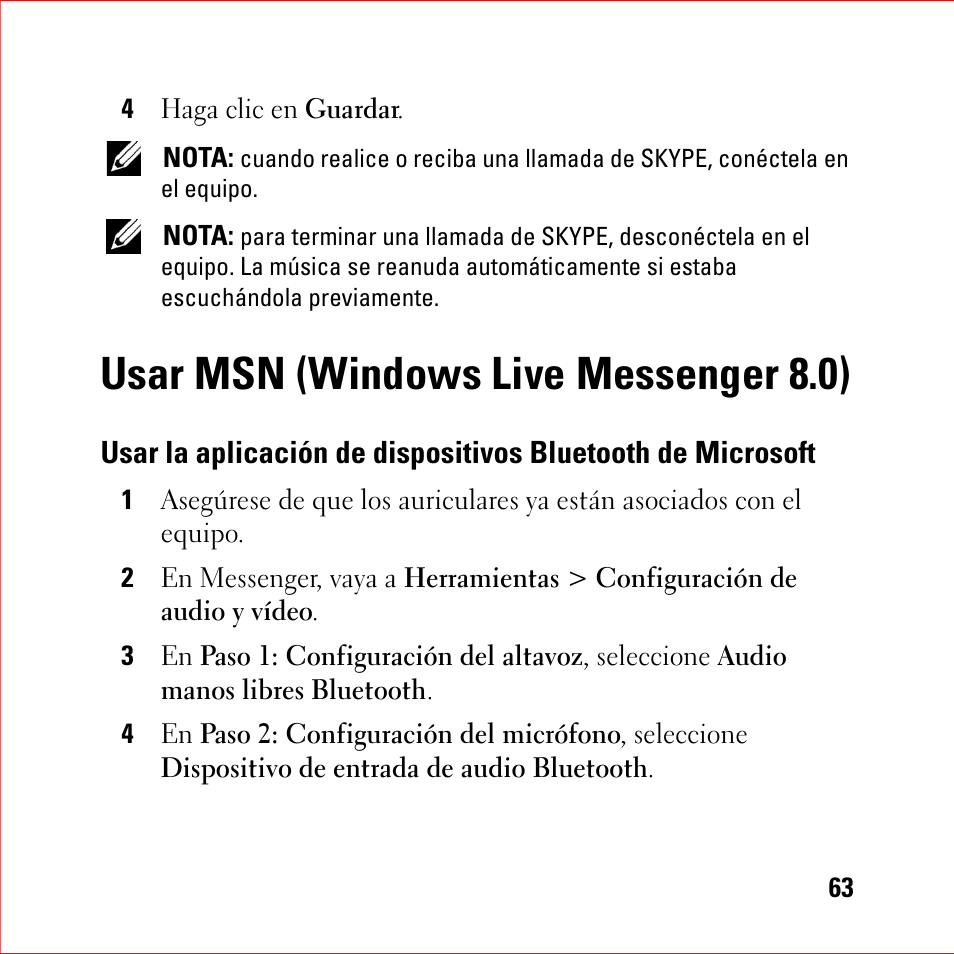 Usar msn (windows live messenger 8.0), Usar la aplicación de dispositivos bluetooth de, Microsoft | Dell BH200 Bluetooth 2.0 EDR Stereo Headset User Manual | Page 63 / 94
