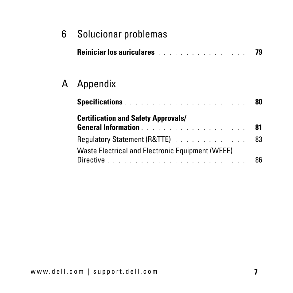 6 solucionar problemas, A appendix | Dell BH200 Bluetooth 2.0 EDR Stereo Headset User Manual | Page 7 / 94