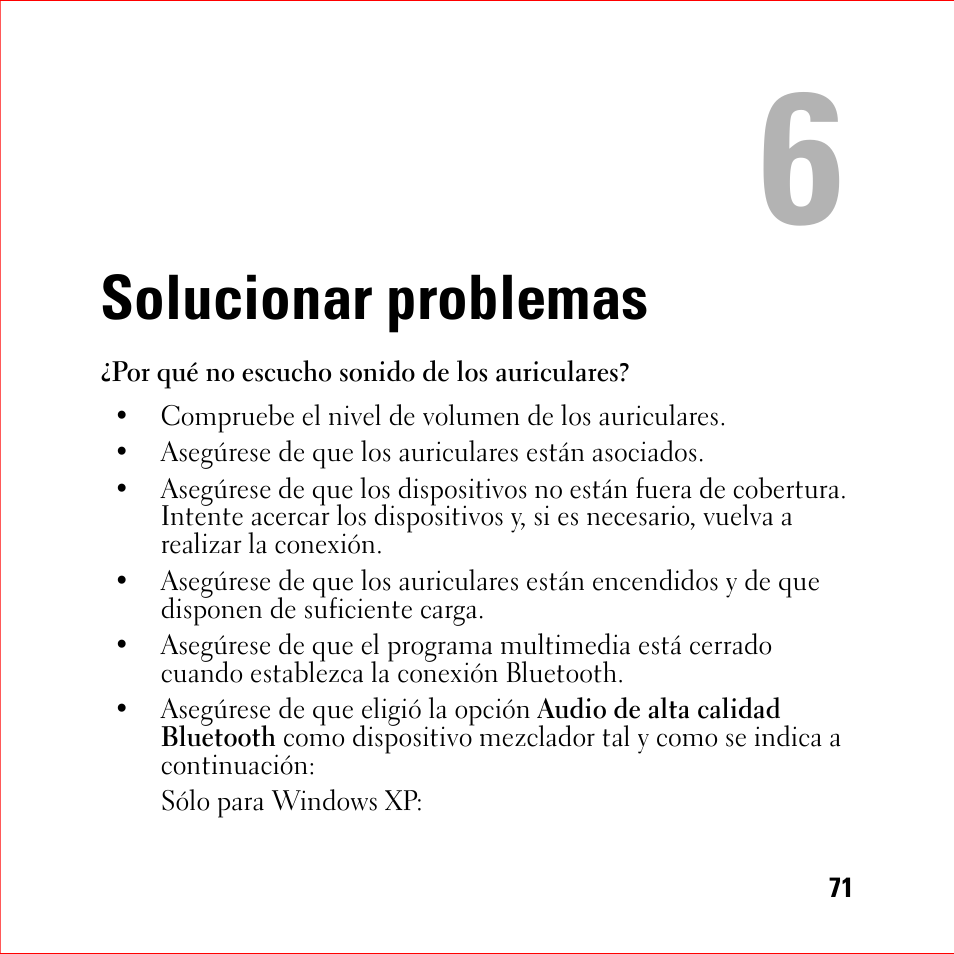 Solucionar problemas, 6 solucionar problemas | Dell BH200 Bluetooth 2.0 EDR Stereo Headset User Manual | Page 71 / 94