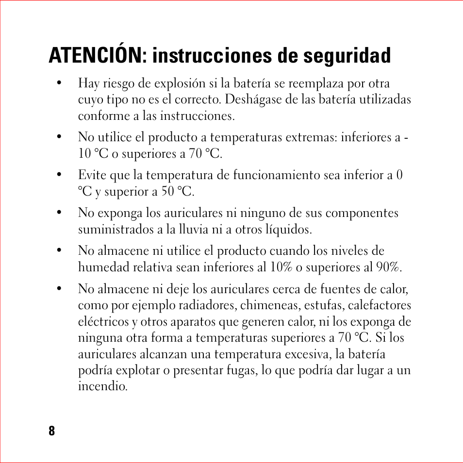 Atención: instrucciones de seguridad | Dell BH200 Bluetooth 2.0 EDR Stereo Headset User Manual | Page 8 / 94