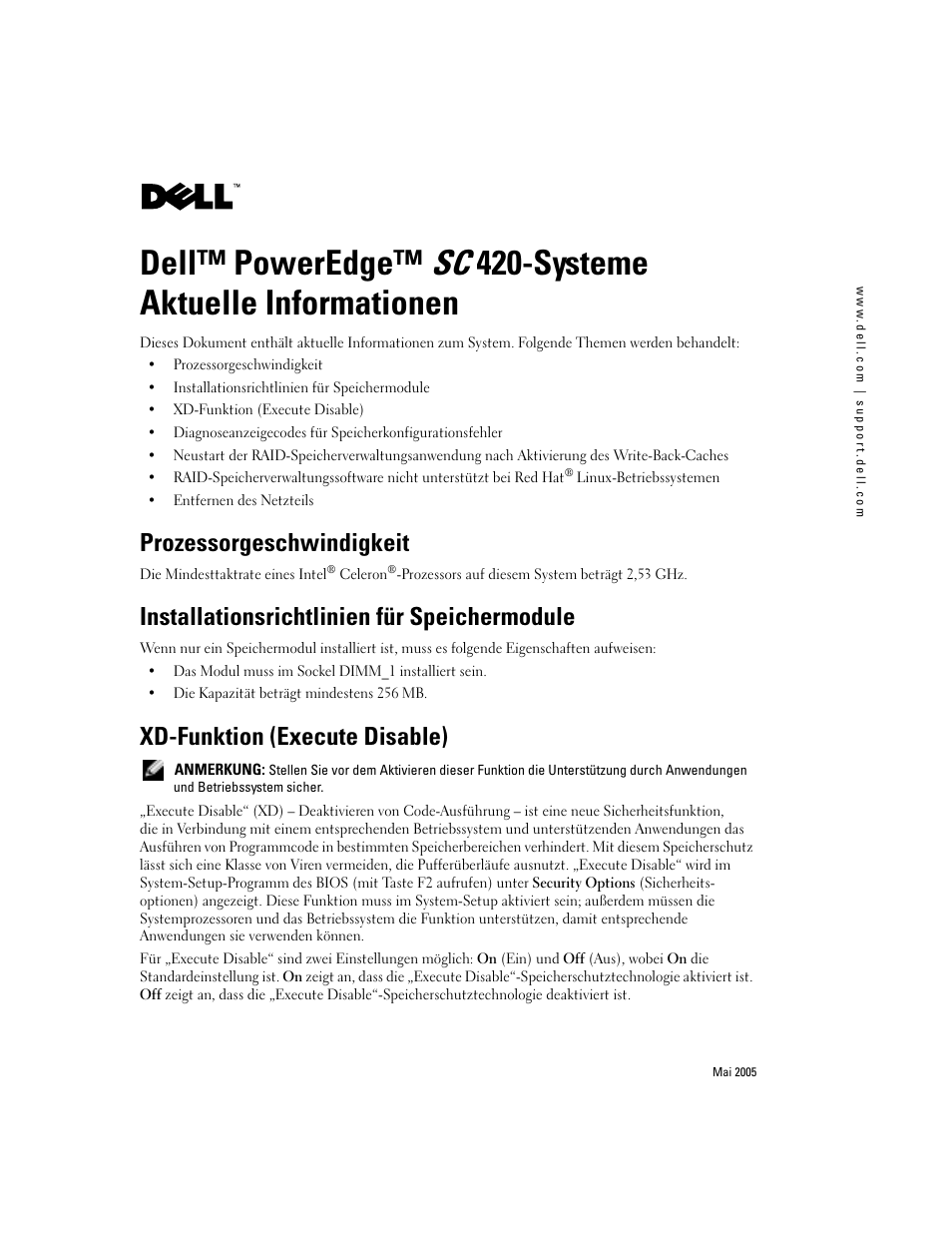 Prozessorgeschwindigkeit, Installationsrichtlinien für speichermodule, Xd-funktion (execute disable) | Dell PowerEdge SC 420 User Manual | Page 10 / 21