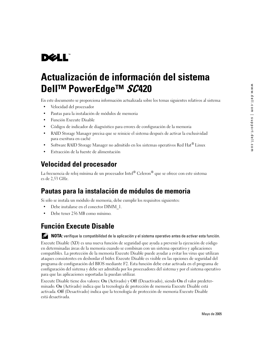 Velocidad del procesador, Función execute disable | Dell PowerEdge SC 420 User Manual | Page 19 / 21
