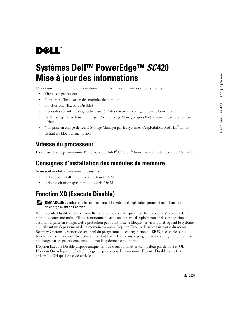 Systèmes dell™ poweredge™ sc, 420 mise à jour des informations, Vitesse du processeur | Consignes d'installation des modules de mémoire, Fonction xd (execute disable) | Dell PowerEdge SC 420 User Manual | Page 7 / 21