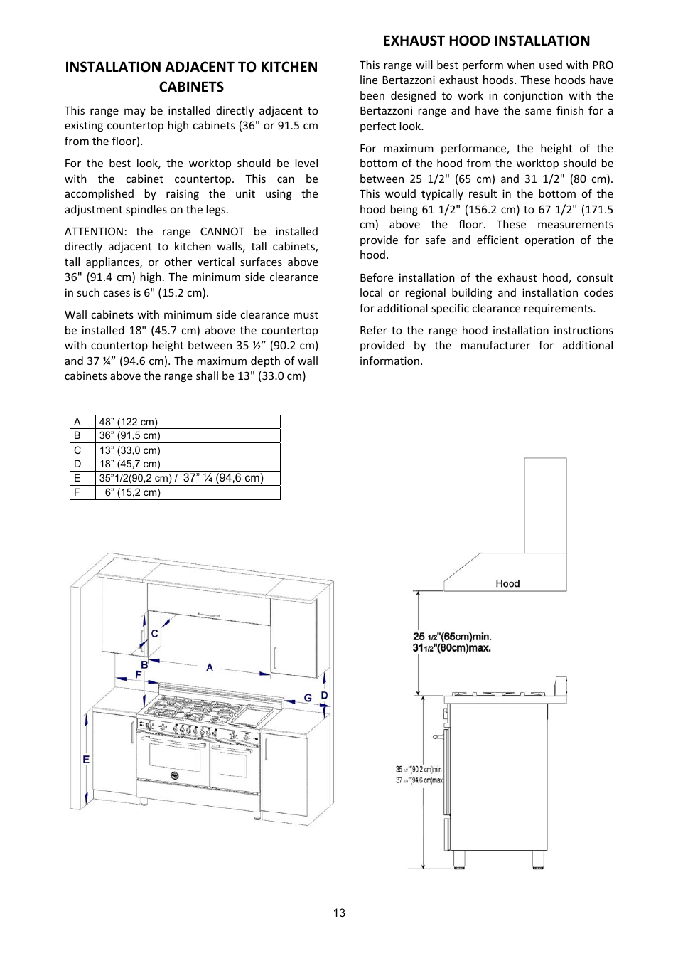 Installation adjacent to kitchen cabinets, Exhaust hood installation | Bertazzoni (A User Manual | Page 13 / 52