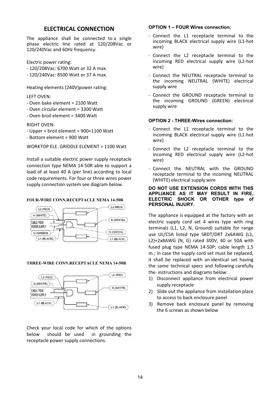 Electrical connection | Bertazzoni (A User Manual | Page 14 / 52