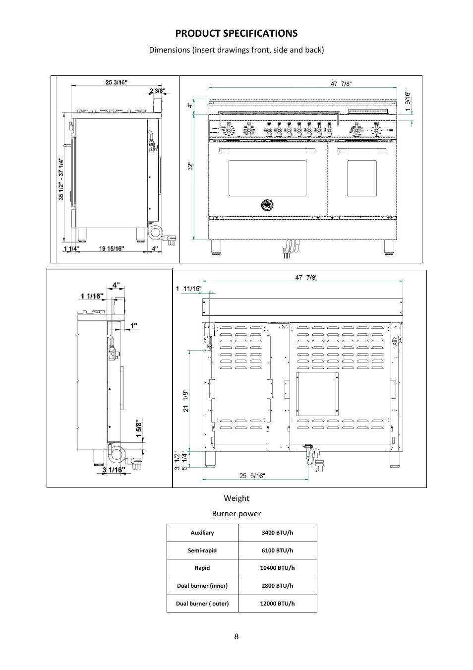 Product specifications | Bertazzoni (A User Manual | Page 8 / 52