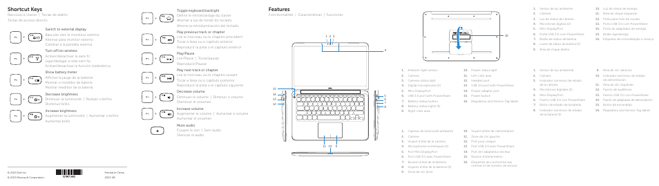 Features, Shortcut keys | Dell XPS 13 (9333, Late 2013) User Manual | Page 2 / 2