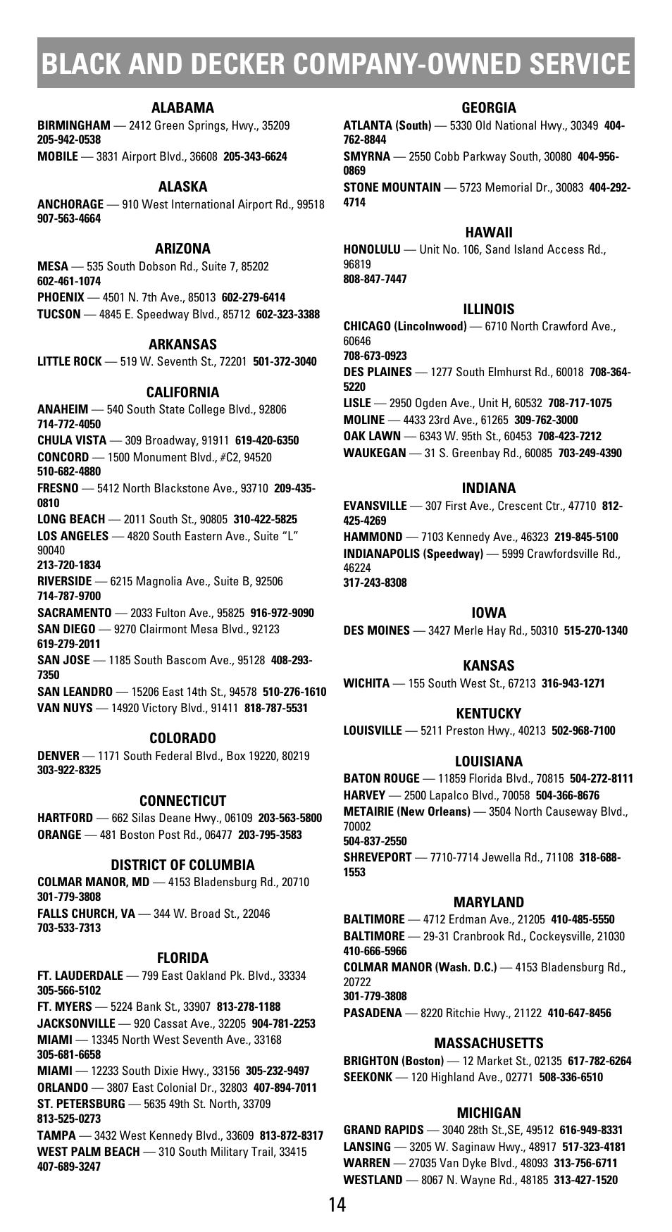 Service centers, Black and decker company-owned service | Black & Decker F499S User Manual | Page 14 / 16