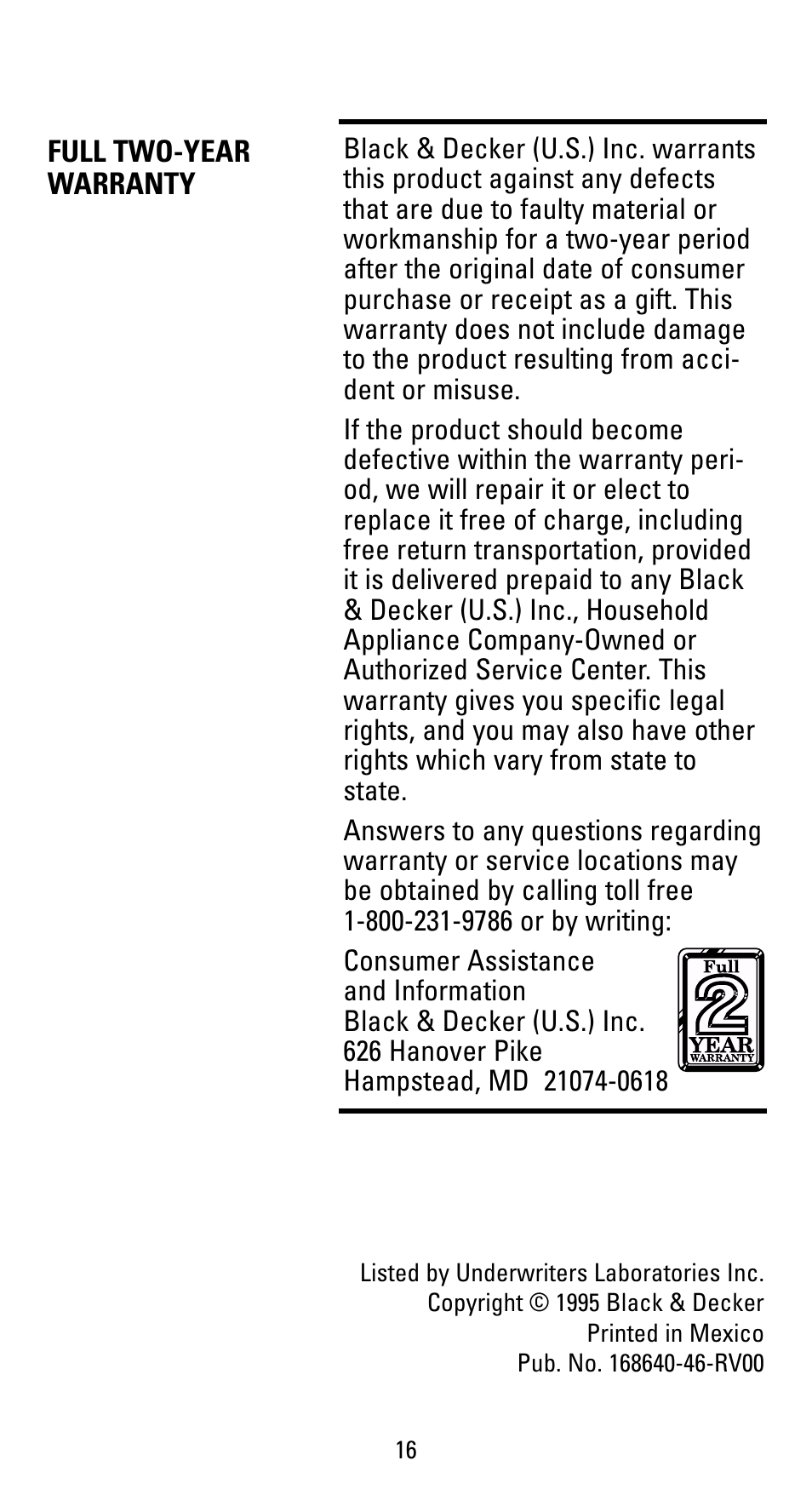 Warranty, Full two-year warranty | Black & Decker F499S User Manual | Page 16 / 16