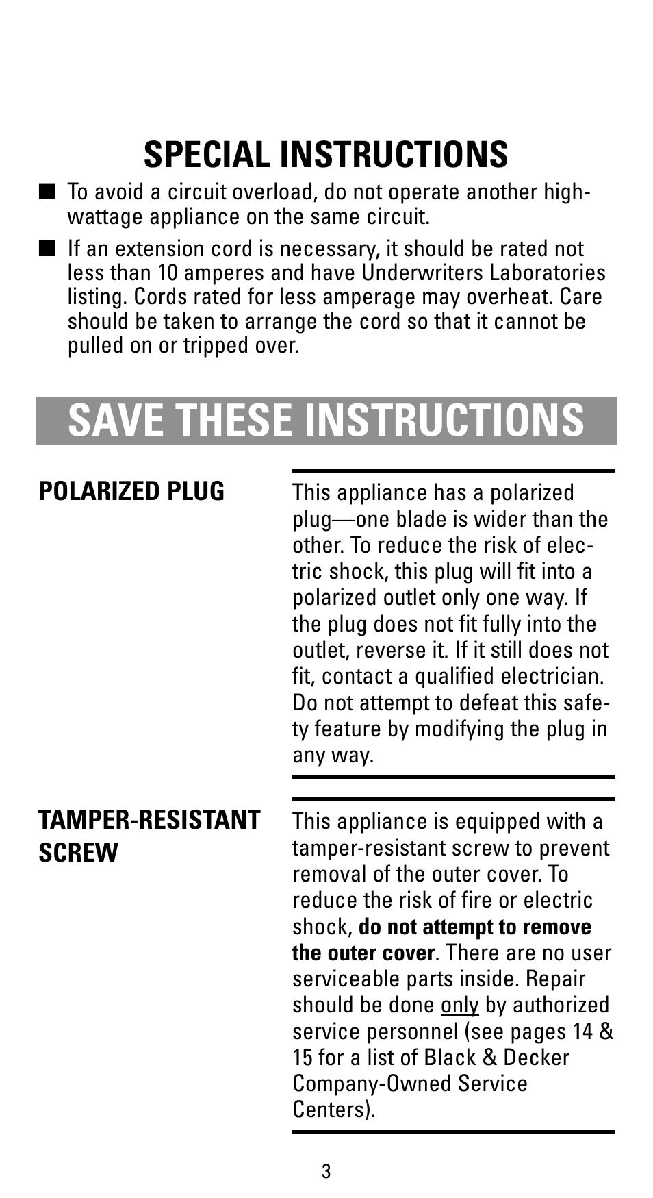 Save these instructions, Special instructions | Black & Decker F499S User Manual | Page 3 / 16