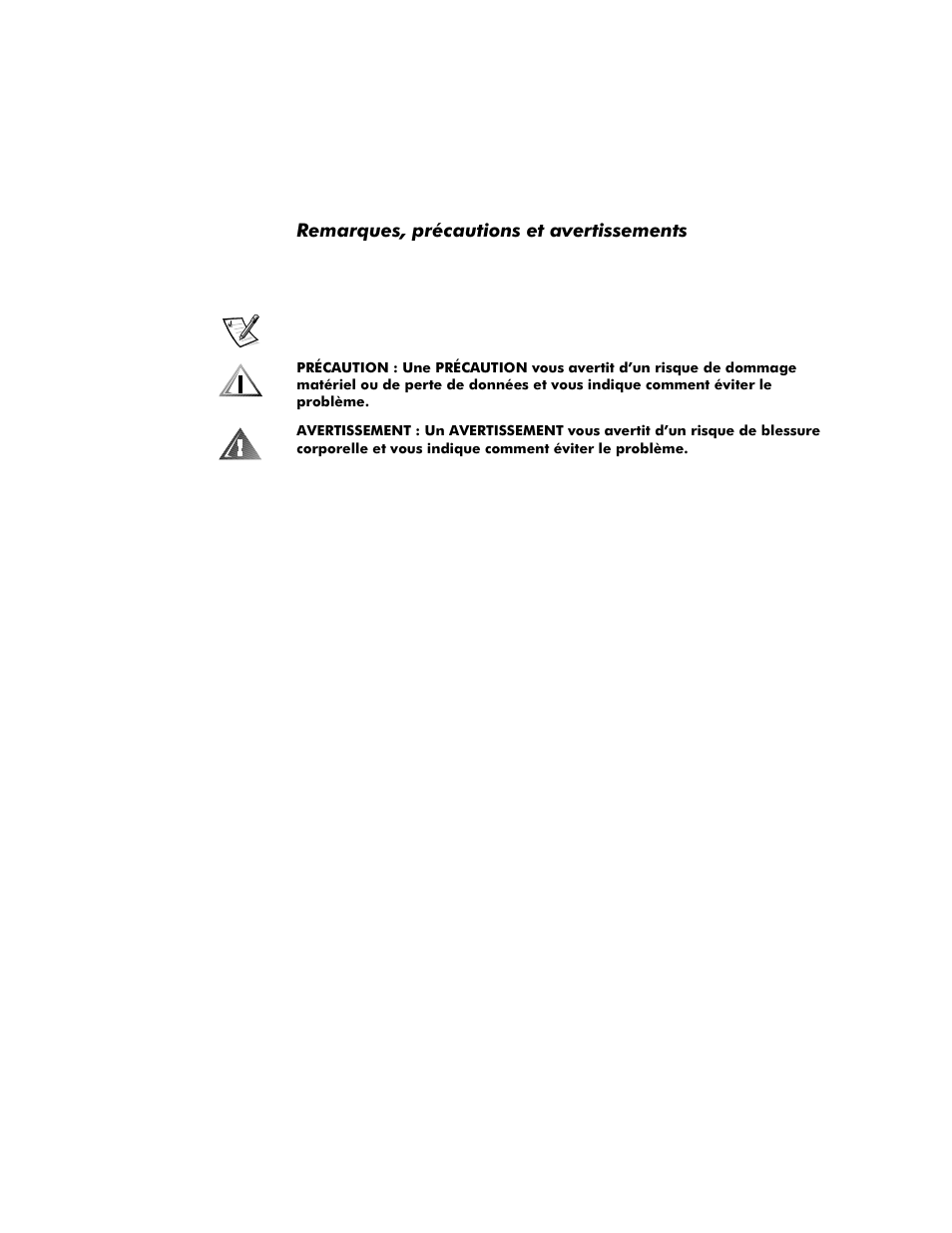 Remarques, précautions et avertissements, 5hpdutxhvsupfdxwlrqvhwdyhuwlvvhphqwv | Dell PowerVault 35F (Fibre Channel Bridge) User Manual | Page 16 / 50