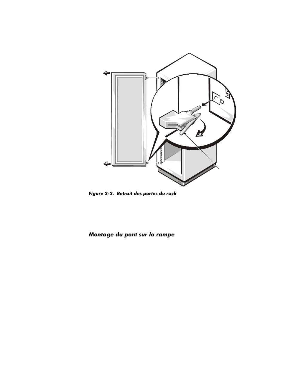 Figure 2-2. retrait des portes du rack, Montage du pont sur la rampe, Placez la rampe sur une surface propre et plane | 0rqwdjhgxsrqwvxuodudpsh | Dell PowerVault 35F (Fibre Channel Bridge) User Manual | Page 21 / 50