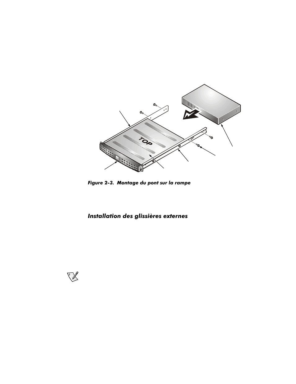 Figure 2-3. montage du pont sur la rampe, Installation des glissières externes, Qvwdoodwlrqghvjolvvlquhvh[whuqhv | Dell PowerVault 35F (Fibre Channel Bridge) User Manual | Page 22 / 50