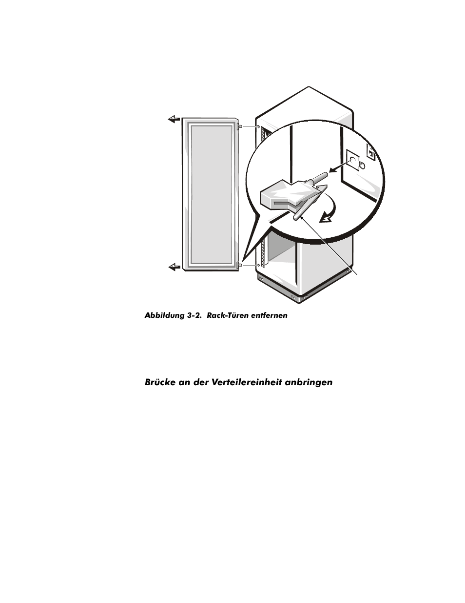 Abbildung 3-2. rack-türen entfernen, Brücke an der verteilereinheit anbringen, Ufnhdqghu9huwhlohuhlqkhlwdqeulqjhq | Dell PowerVault 35F (Fibre Channel Bridge) User Manual | Page 33 / 50