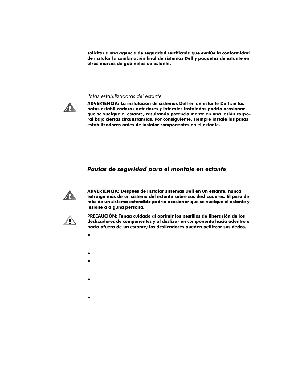 Patas estabilizadoras del estante, Pautas de seguridad para el montaje en estante | Dell PowerVault 35F (Fibre Channel Bridge) User Manual | Page 42 / 50