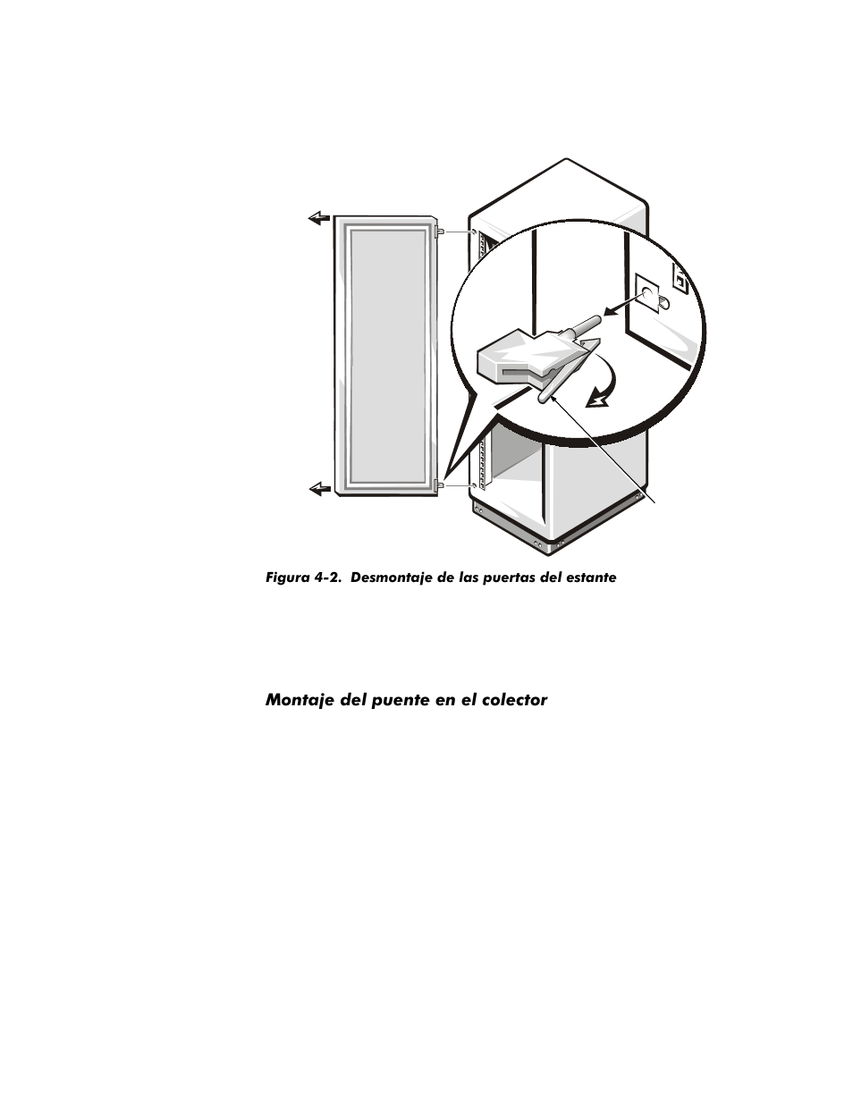 Figura 4-2. desmontaje de las puertas del estante, Montaje del puente en el colector, 0rqwdmhghosxhqwhhqhofrohfwru | Dell PowerVault 35F (Fibre Channel Bridge) User Manual | Page 45 / 50