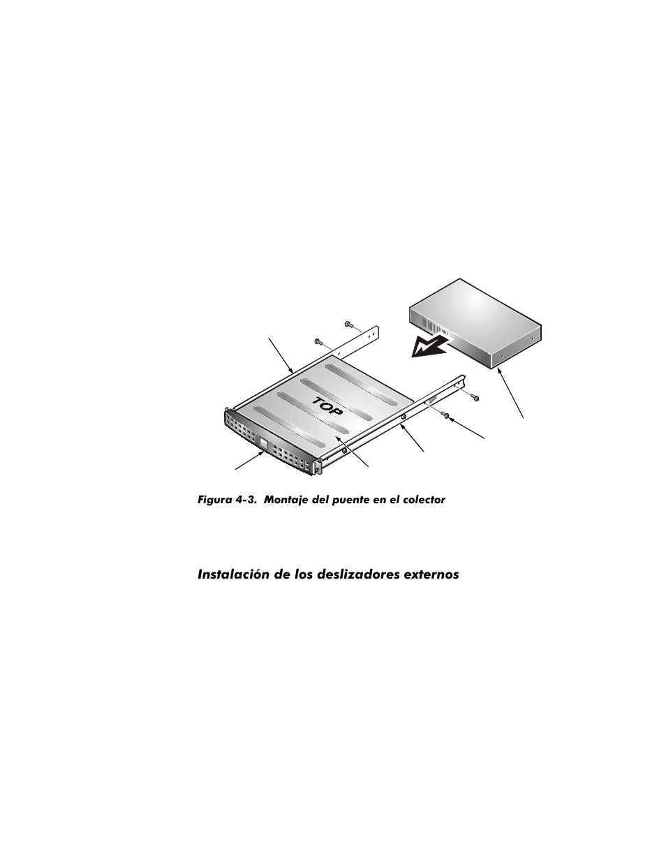 Figura 4-3. montaje del puente en el colector, Instalación de los deslizadores externos, Qvwdodflyqghorvghvol]dgruhvh[whuqrv | Dell PowerVault 35F (Fibre Channel Bridge) User Manual | Page 46 / 50