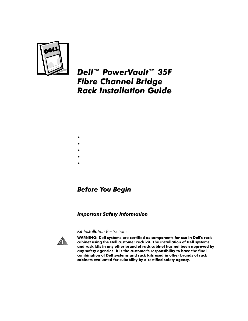 Before you begin, Important safety information, Kit installation restrictions | Hiruh<rx%hjlq | Dell PowerVault 35F (Fibre Channel Bridge) User Manual | Page 5 / 50