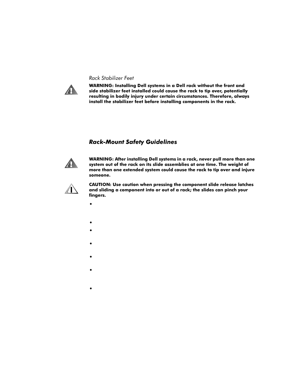 Rack stabilizer feet, Rack-mount safety guidelines | Dell PowerVault 35F (Fibre Channel Bridge) User Manual | Page 6 / 50