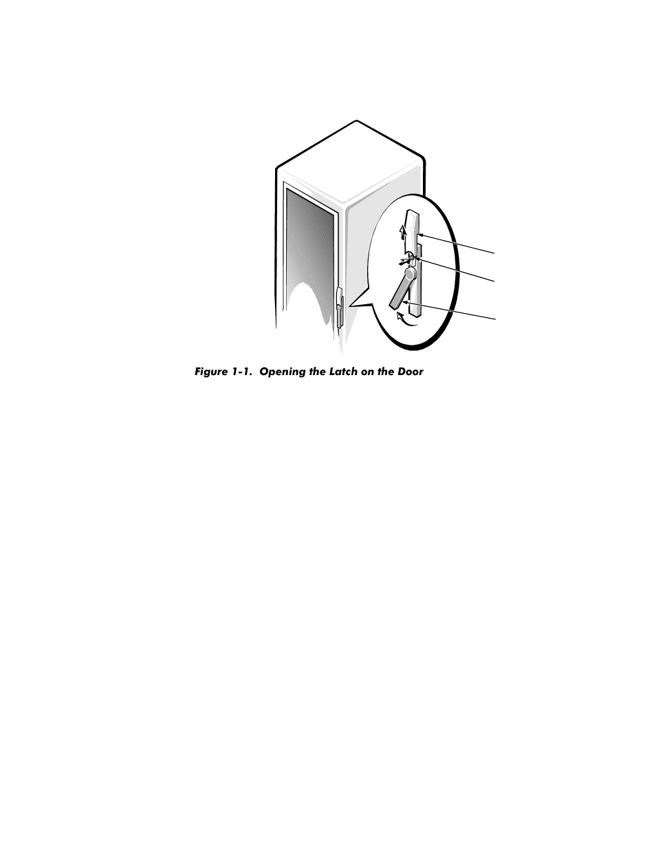 Figure 1-1. opening the latch on the door, Remove the front door as shown in figure 1-2 | Dell PowerVault 35F (Fibre Channel Bridge) User Manual | Page 8 / 50