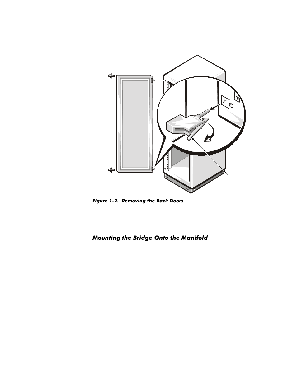 Figure 1-2. removing the rack doors, Mounting the bridge onto the manifold, Place the manifold on a clean, flat surface | 0rxqwlqjwkh%ulgjh2qwrwkh0dqlirog | Dell PowerVault 35F (Fibre Channel Bridge) User Manual | Page 9 / 50