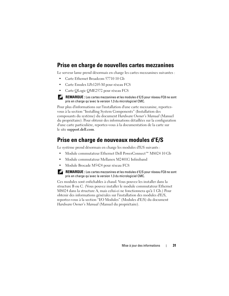 Prise en charge de nouvelles cartes mezzanines, Prise en charge de nouveaux modules d'e/s | Dell PowerEdge M710 User Manual | Page 31 / 92