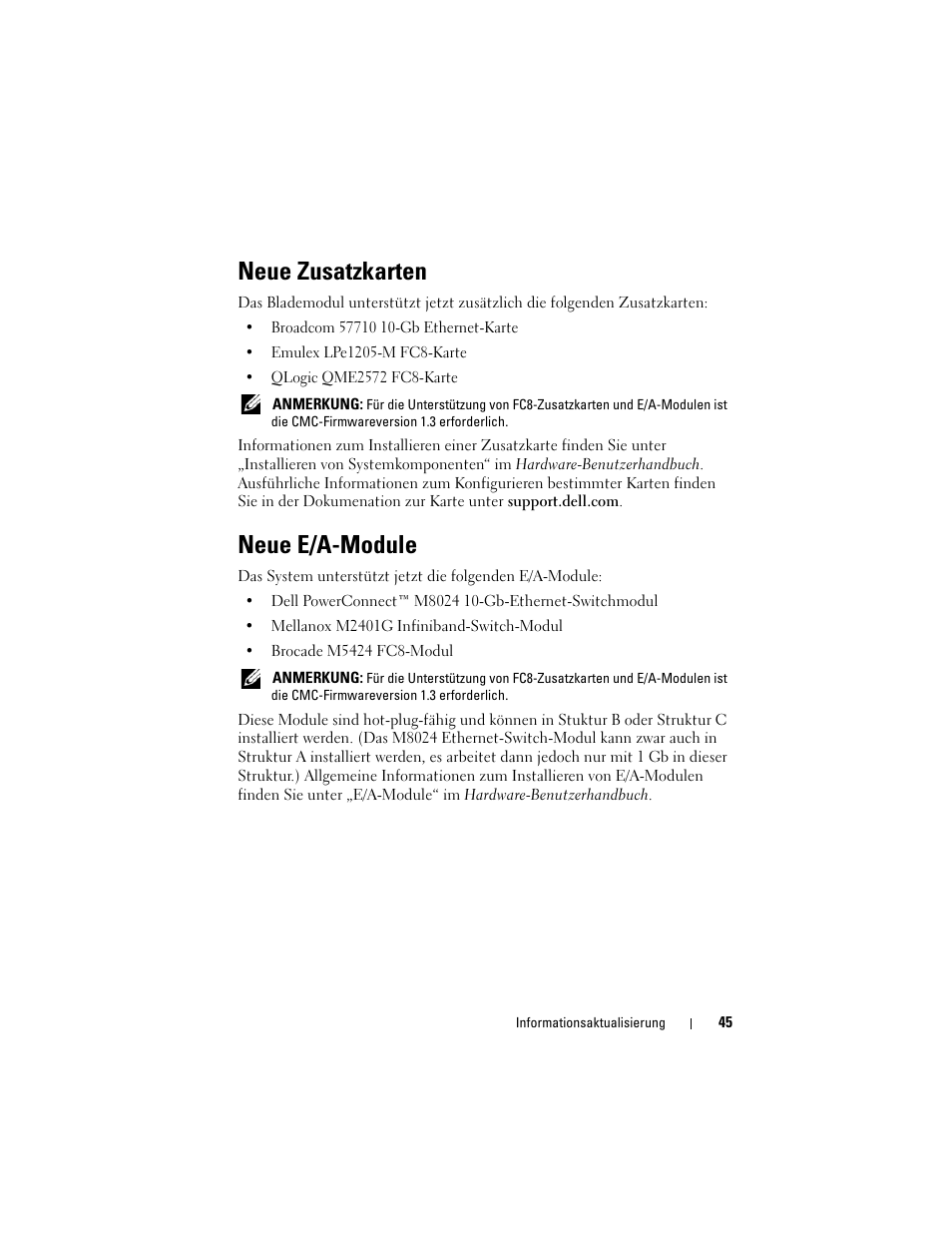 Neue zusatzkarten, Neue e/a-module | Dell PowerEdge M710 User Manual | Page 45 / 92