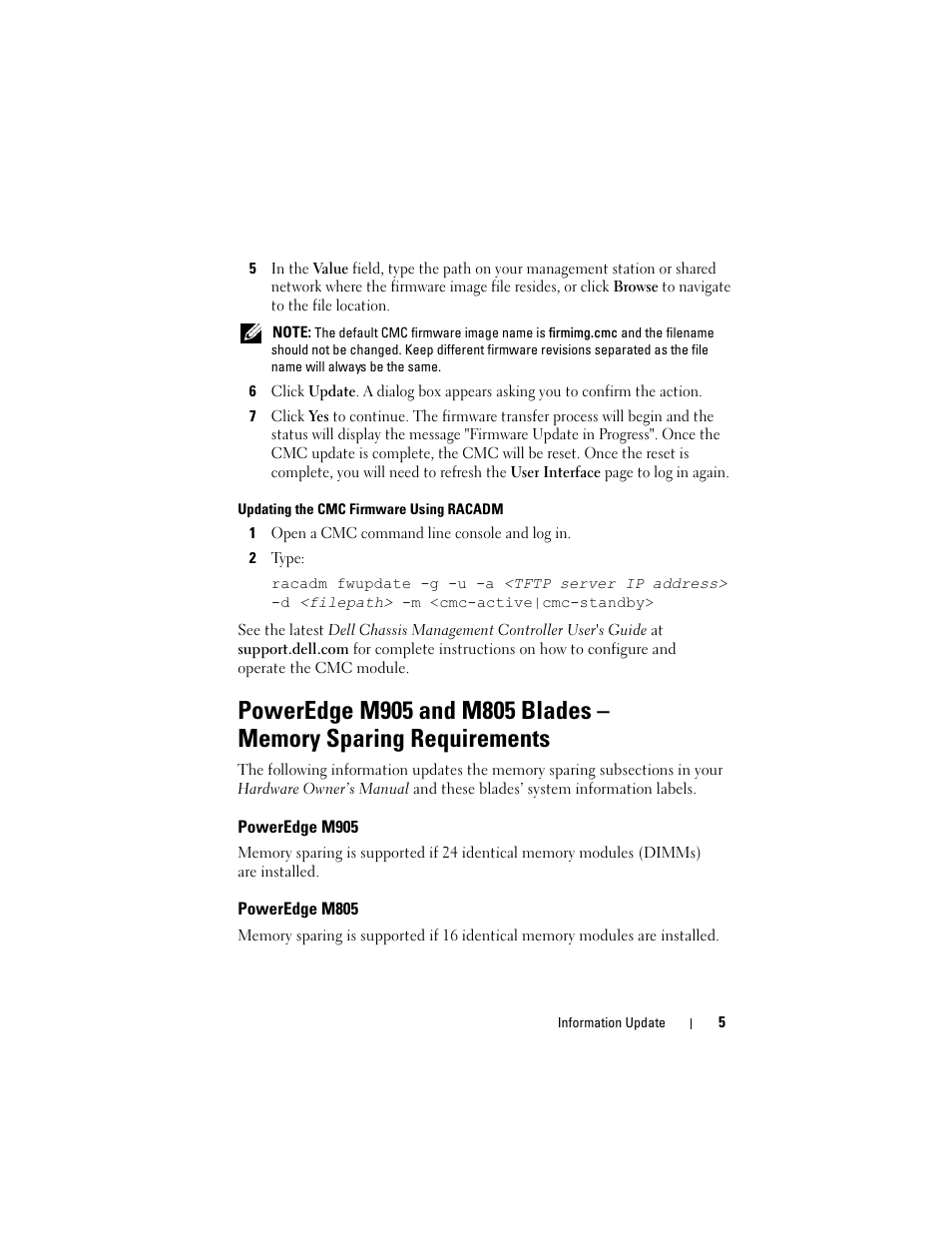 Poweredge m905, Poweredge m805, Firmware using racadm | Updating the cmc firmware using racadm | Dell PowerEdge M710 User Manual | Page 5 / 92