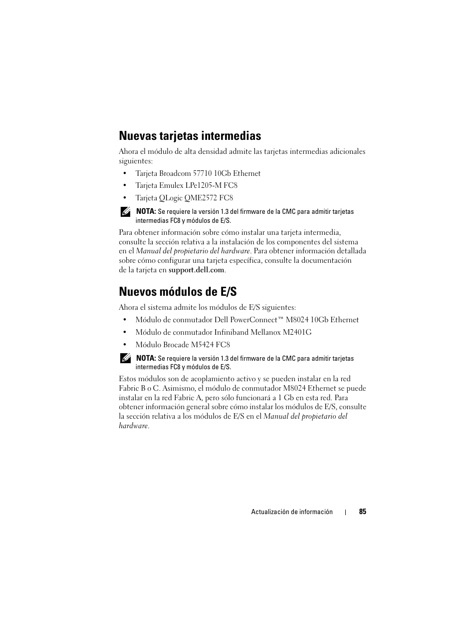 Nuevas tarjetas intermedias, Nuevos módulos de e/s | Dell PowerEdge M710 User Manual | Page 85 / 92