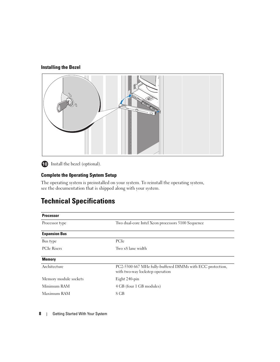Installing the bezel, Complete the 0perating system setup, Technical specifications | Dell PowerVault NX1950 User Manual | Page 10 / 48