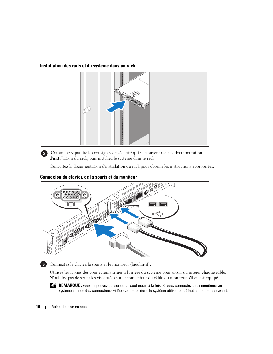 Installation des rails et du système dans un rack, Connexion du clavier, de la souris et du moniteur | Dell PowerVault NX1950 User Manual | Page 18 / 48